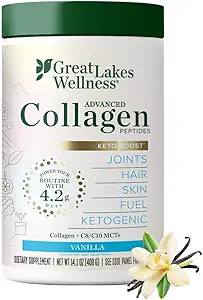 Great Lakes Wellness Keto Boost Advanced Collagen Peptides Poudre avec 4,2g de MCT - Vanilla Aromatisée - Crème à café non laitière nutritive-Rich ou Alt smoothie - Non-OGM, Kosher - 14,1 oz