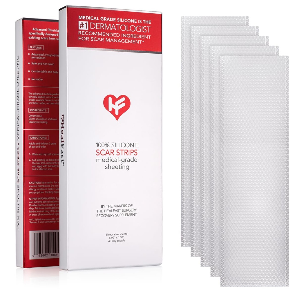Feuilles de cicatrices en silicone de formulation de physicien HealFast - Bandes de cicatrices en silicone de qualité médicale Crosspolymère avancé pour chirurgie, section C, kéloïdes et cicatrices hypertrophiques - Ruban en silicone pour cicatrices (5 feuilles)