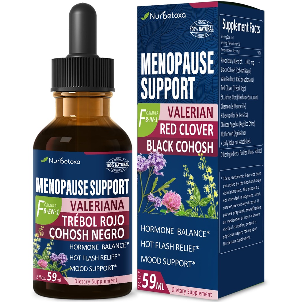 Black Cohosh Liquid Drops for Menopause Hot Flashes Support - 2oz | 8-in-1 Herbal Supplement Tincture, w/Red Clover & Motherwort Extract for Night Sweats, Cimicifuga y Valeriana para Menopausia
