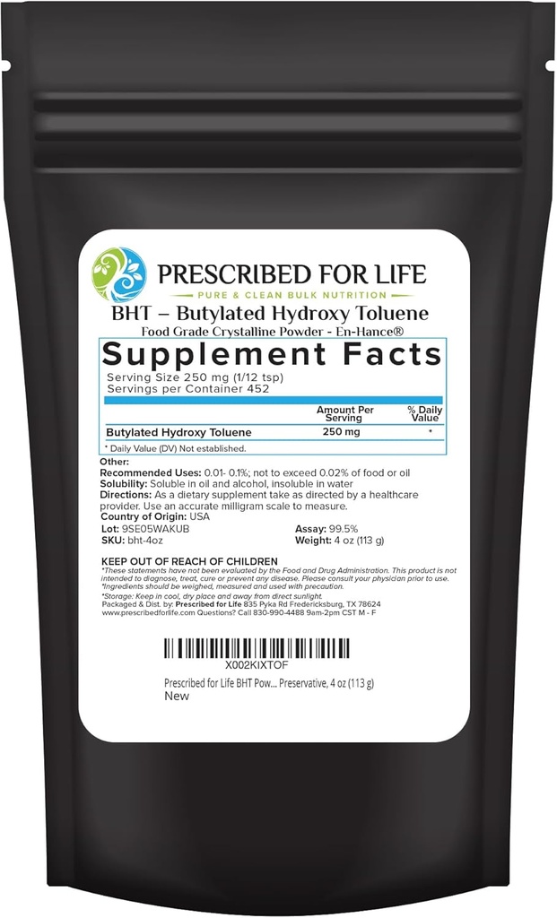 Prescription pour la vie Poudre BHT, en poudre butylée hydroxytoluène pour la préservation des aliments, végétalien, sans gluten, sans OGM, non blanchi, sans soja (4oz / 113g)