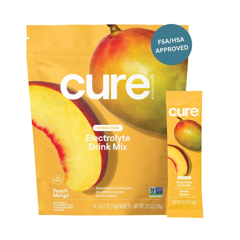 Cure Hydration - Electrolyte Drink Powder Peach Mango 14 Packets | Plant-Based Dehydration Relief Mix Made with Coconut Water, No Added Sugar, Vegan, Non-GMO, Gluten Free, FSA-HSA Eligible