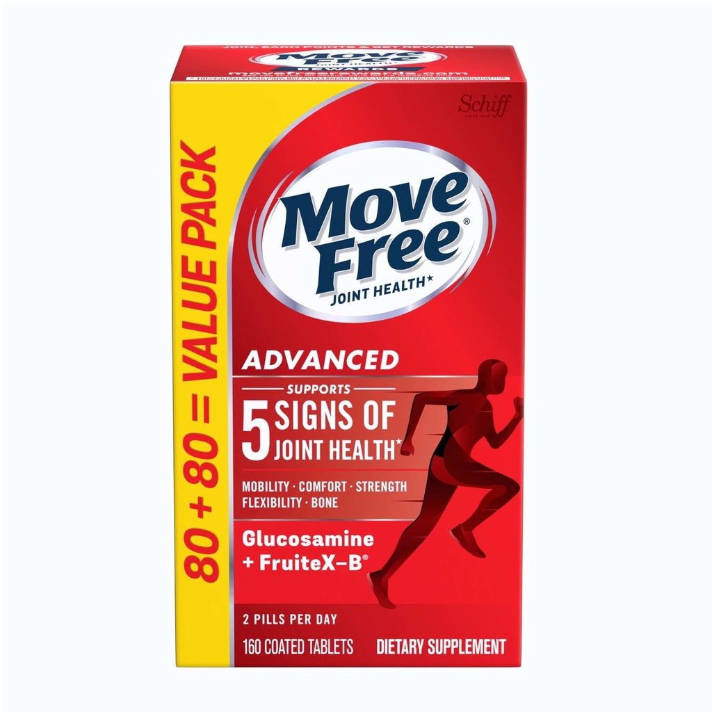 Move Free Advanced Glucosamine Chondroïtine + supplément de soutien pour le fructoborate de calcium, soutient la mobilité Confort Résistance Flexibilité et os - 160 comprimés (80 portions)*