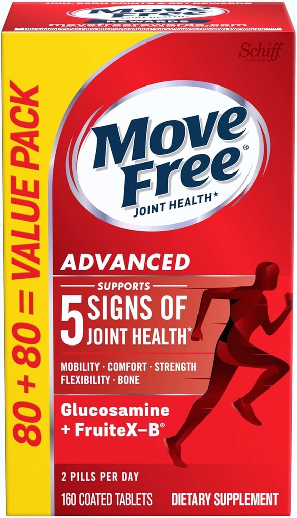 Move Free Advanced Glucosamine Chondroïtine + supplément de soutien pour le fructoborate de calcium, soutient la mobilité Confort Résistance Flexibilité et os - 160 comprimés (80 portions)*