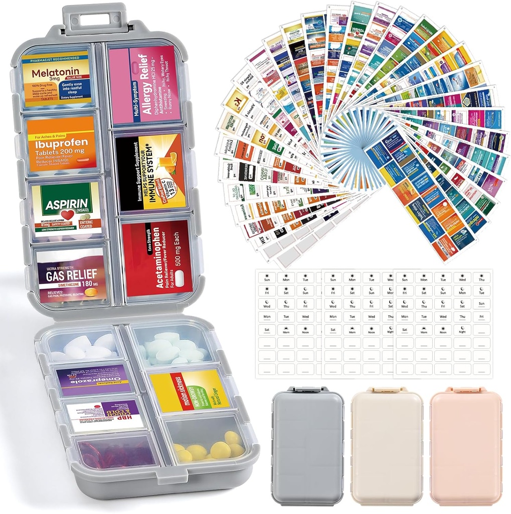 3 Pack 14 Grilles Travel Pill Organizer Box with 415-Pcs Medicine Name Etiquettes - Pocket Daily Pharmacie Trousse de contenants - Distributeur de médicaments de voyage pour le stockage d'huile de poisson