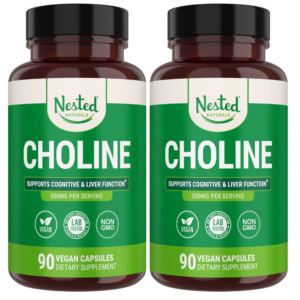 Nested Naturals Bitartrate de Choline 500mg - Suppléments Choline à haute puissance - Soutient la santé maternelle et foetale pendant la grossesse* - 100% Vegan & Non-OGM - 2-Pack (180 Capsules Vegan)