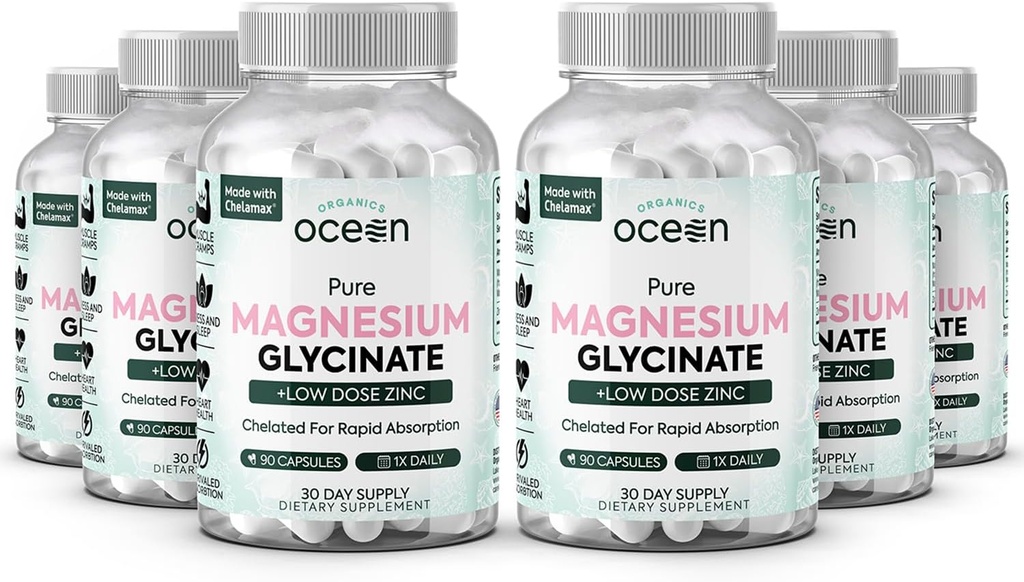Organics Ocean Pure Magnésium Glycinate avec Zinc - Supplément de magnésium chélaté de force maximale pour les femmes et les hommes pour les crampes musculaires et le soutien du sommeil - 6 bouteilles