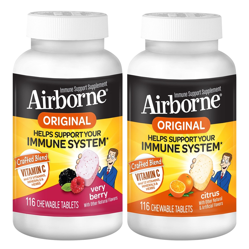Airborne 1000mg Vitamine C Comprimés à croquer Citrus & Very Berry Flavor Bundle - Supplément de soutien immunitaire au zinc et aux vitamines antioxydantes puissantes A C & E, (2 bouteilles 116ct)*