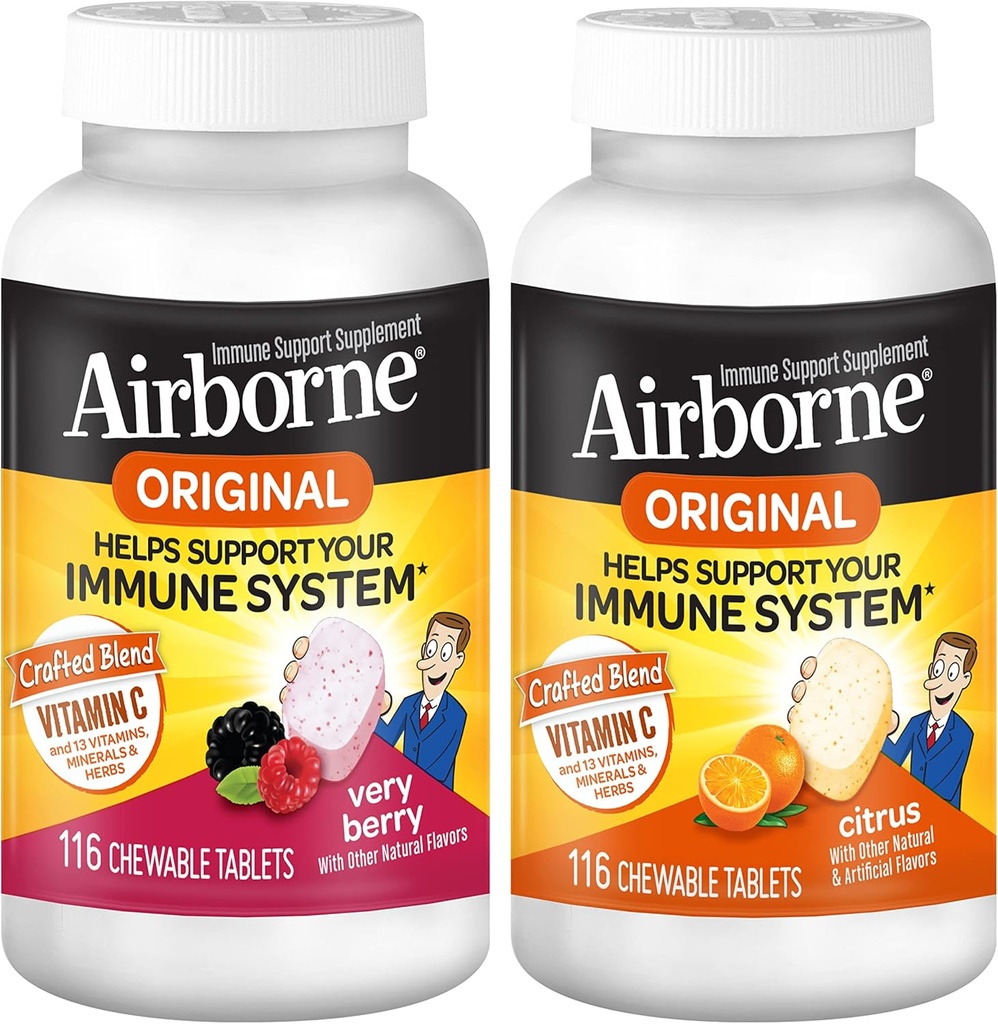 Airborne 1000mg Vitamine C Comprimés à croquer Citrus & Very Berry Flavor Bundle - Supplément de soutien immunitaire au zinc et aux vitamines antioxydantes puissantes A C & E, (2 bouteilles 116ct)*