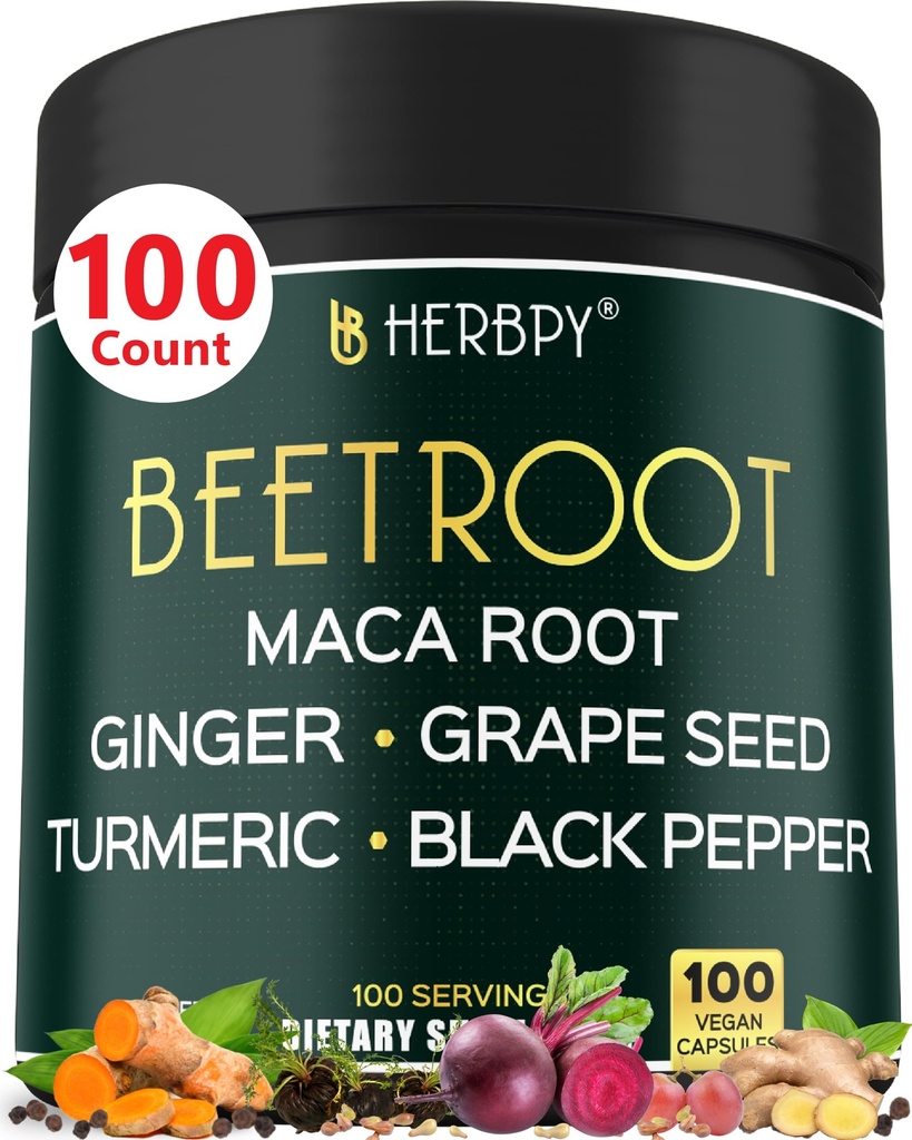 Supplément de racine de betterave 6en1 avec racine de maca, graines de raisin, gingembre, curcuma et poivre noir pour la santé du coeur et le soutien immunitaire - 100 capsules végétaliennes