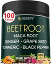 Supplément de racine de betterave 6en1 avec racine de maca, graines de raisin, gingembre, curcuma et poivre noir pour la santé du coeur et le soutien immunitaire - 100 capsules végétaliennes