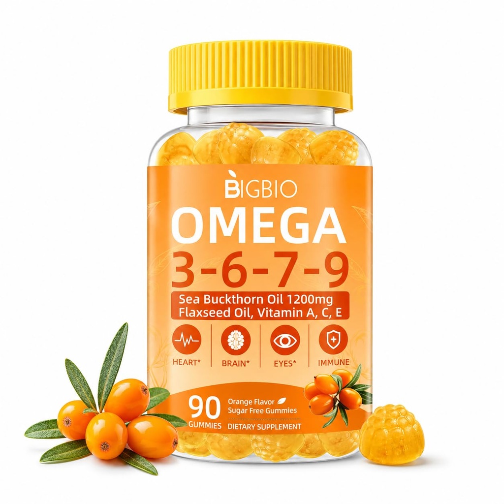 Omega 3-6-7-9 Gummies, Organic Sea Buckthorn Oil 1200MG & Flaxseed Oil 500MG, Vegan Omega 7 Supplement w/Vitamin A, C, E, Fatty Acids, No Fish Taste, Supports Skin, Eye, Immune, Brain Health, 90 Cts