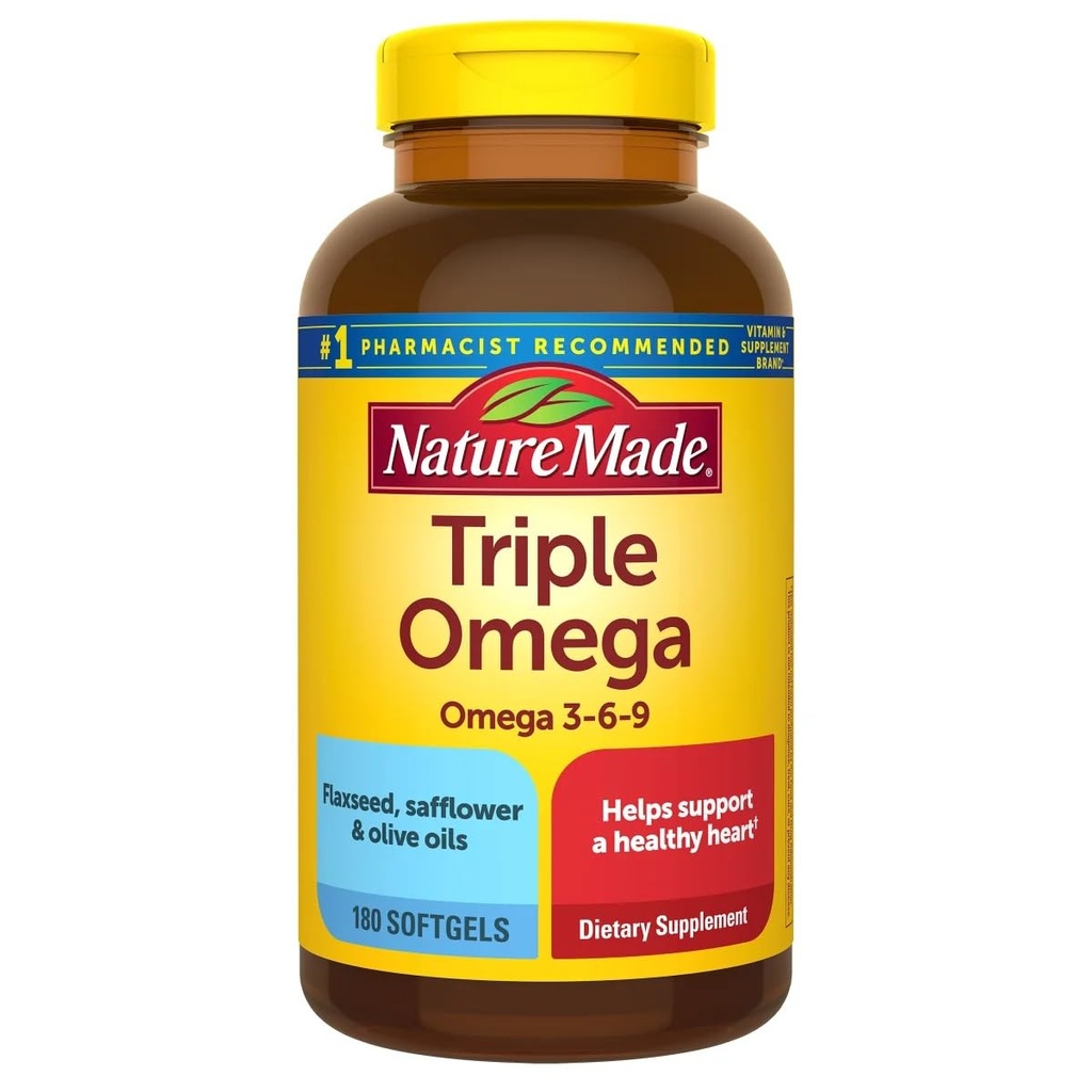 Nature Made Triple Omega (Omega 3-6 -9) 180 SOFTGELS + BONUS2 Sugar Free White Peach Hydration Sticks