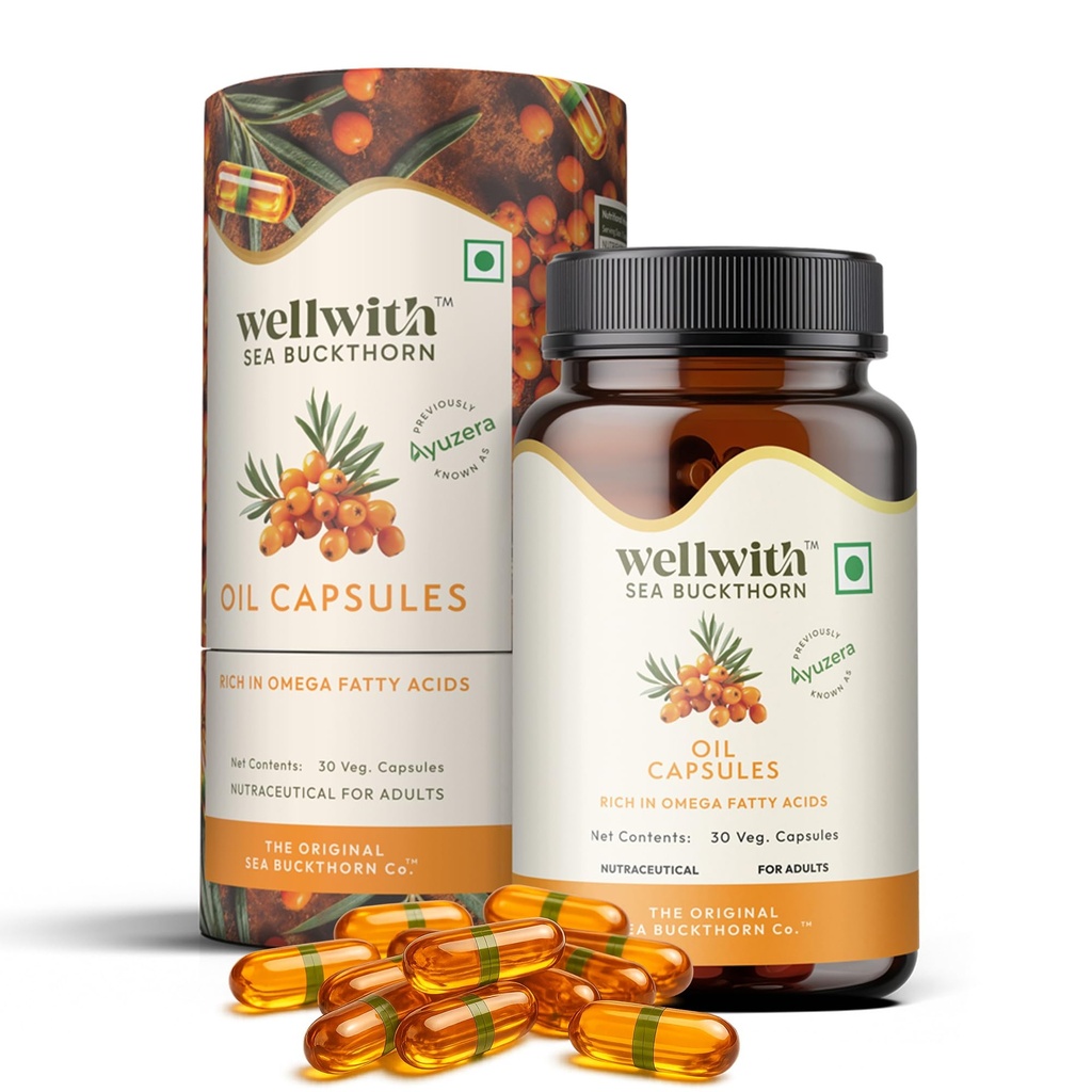 Wellwith (Ayuzera) Sea Buckthorn Berry Oil Vegan Omega 7 500mg, 30 Veg HPMC Capsules (Pack of 1), 15-Day Supply| Sea buckthorn capsules rich In Omega 3, 6, 7 & 9 For Muscle, Bone, Heart & Skin