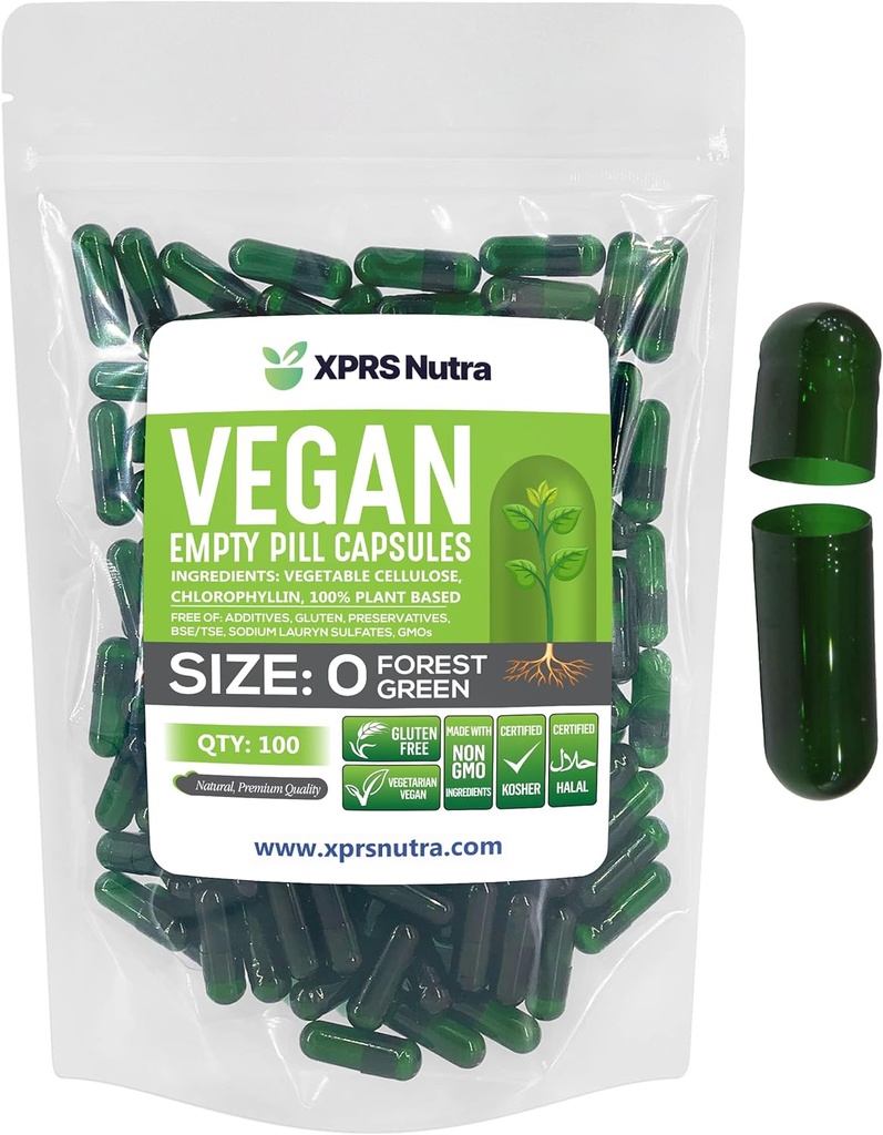 XPRS Nutra Taille 0 Capsules vides - 100 Compte Capsules vides de végétalien - Pilules végétariennes - Bricolage Gélule végétale Remplissage - Veggie Pill Caps for Do-It-Youlf Suppléments (Forest Green)
