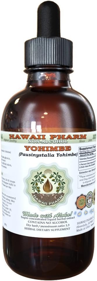 Hawaii Pharm Yohimbe Extrait liquide sans alcool, Yohimbe liquide (Pausinystalia Yohimbe) glycérite séchée glycérite supplément naturel à base de plantes, États-Unis 4 fl.oz