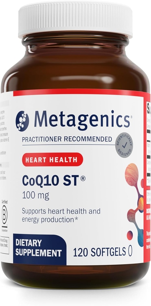 Métagène CoQ10 ST-100-100 mg Ubiquinone avec vitamine E pour le soutien cardiaque, énergétique et antioxydant* - Non-OGM, sans gluten, sans soja - Installation certifiée GMP - 120 Softgels