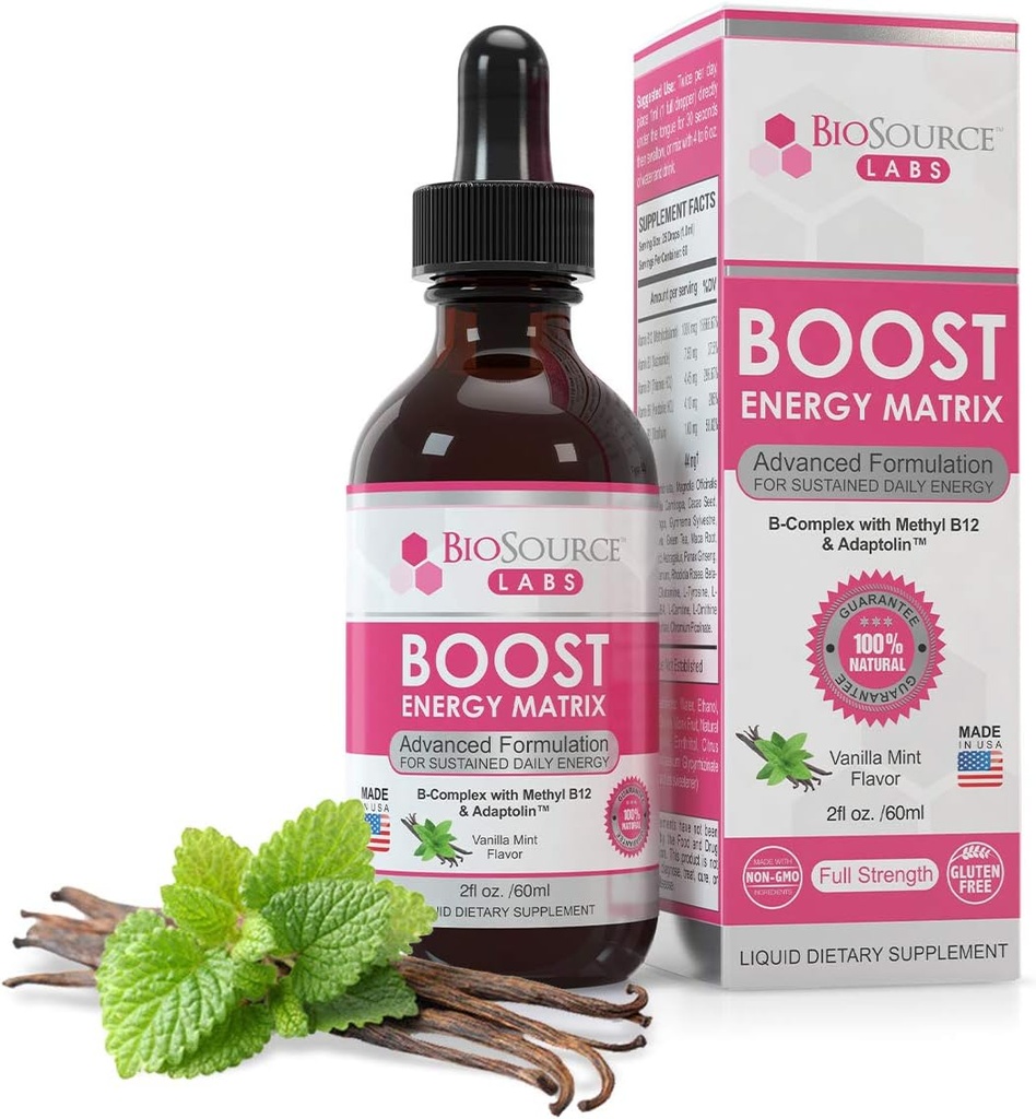 Boost Energy Matrix –Vegan Vitamin B-Complex Sublingual Liquid Drops w/Methyl B12 & Adaptolin (2oz / 60ml Bottle)