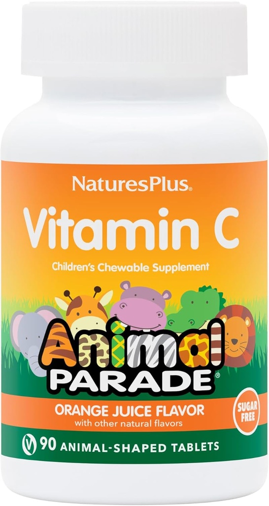 Natures Plus Parade animale Vitamine C sans sucre pour enfants, Saveur naturelle de jus d'orange - 90 comprimés en forme d'animal à croquer - Support immunitaire - Sans gluten - 45 portions