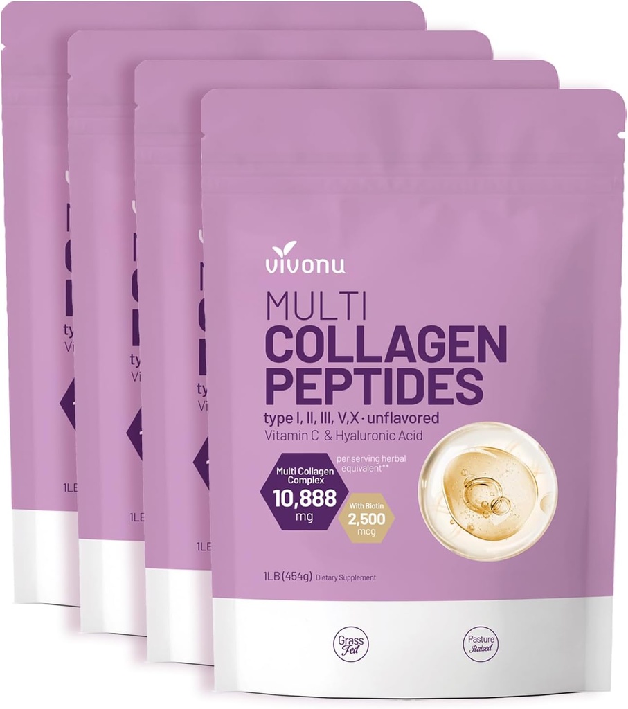 Poudre de peptides multicollagènes VivoNu, 16 oz de peptides hydrolysés de protéines de type I,II,III,V,X avec acide hyaluronique, biotine et vitamine C non aromatisé Keto Paleo Friendly, mélange d'Ez dans des boissons (4LB/4Pack)