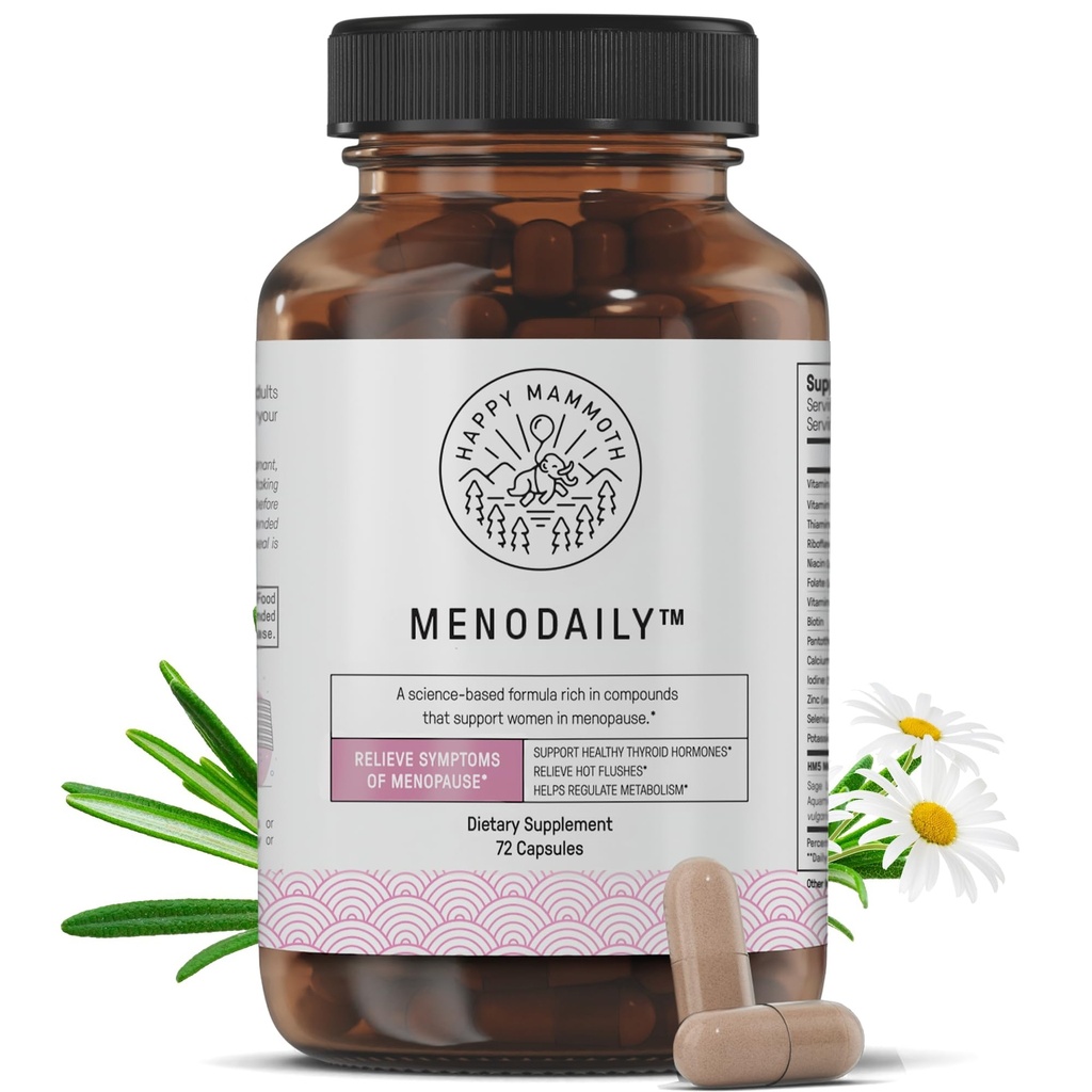 Happy Mammouth Meno Vitamines et suppléments quotidiens de ménopause pour les femmes (*Pas d'harmonie hormonale), métabolisme boost, peau saine, cheveux et ongles, flash chaud, soutien de l'humeur, 72 capsules