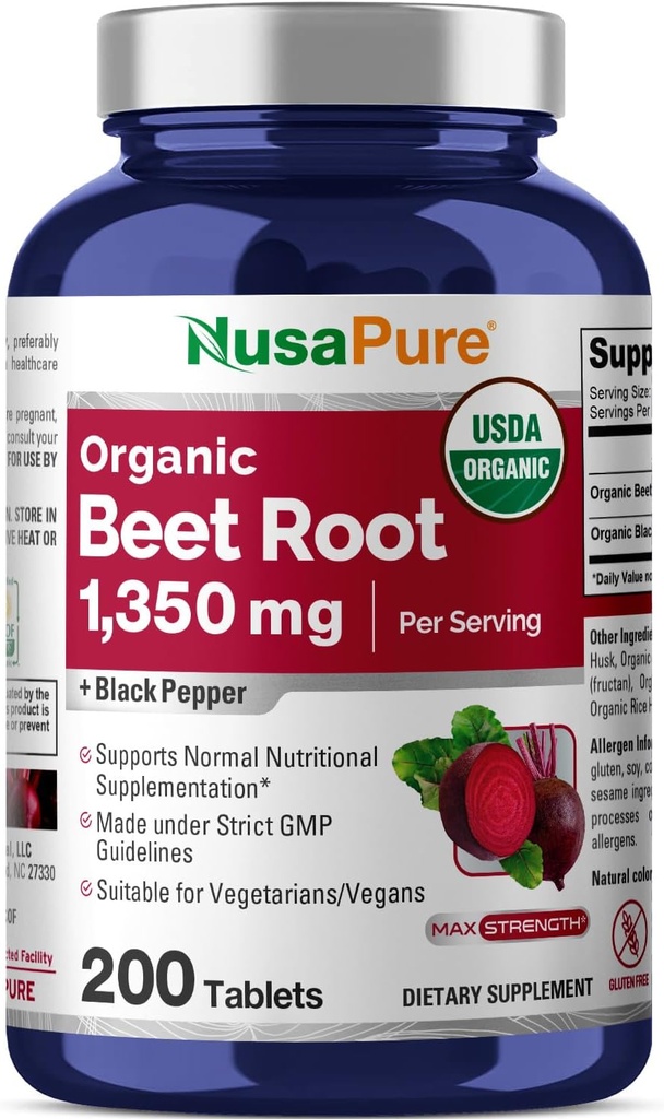 NusaPure Racine de betterave 1 350 mg 200 comprimés organiques (végétarien, USDA, sans OGM et sans gluten) Poivre noir
