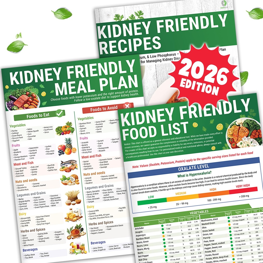 HAMIEW Kidney Diet Food List & Meal Plan, 3 Pack Simple Guides | Support You Eat Safely with Renal Stone Disease, CKD, Guide Exact Oxalate Potassium Per Serving for 400+ Foods, 28+ Recipes