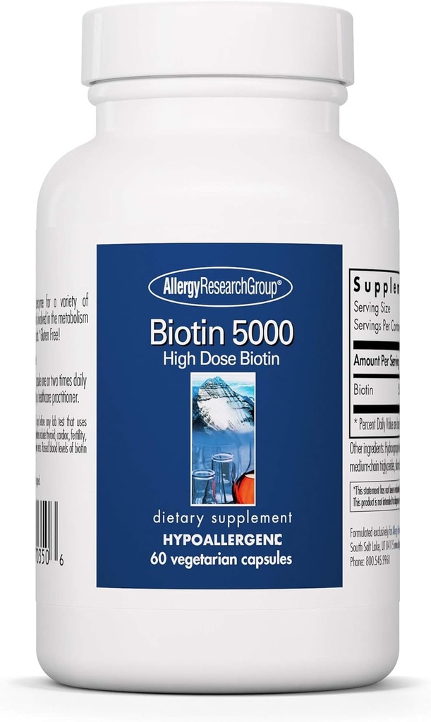 Groupe de recherche sur l'allergie Biotine 5000 Supplément - 5 000 mcg Biotine, Vitamines pour cheveux, peau et ongles, haute dose, capsules végétariennes, hypoallergénique, sans gluten - 60 Compte
