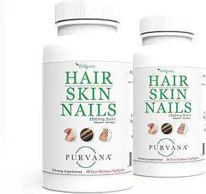 Wellgenix Purvana Cheveux, peau et ongles softgels vitaminiques pour une absorption élevée - Biotine double résistance 2500mcg, VIT A & B (90 Compte) 2 Pack