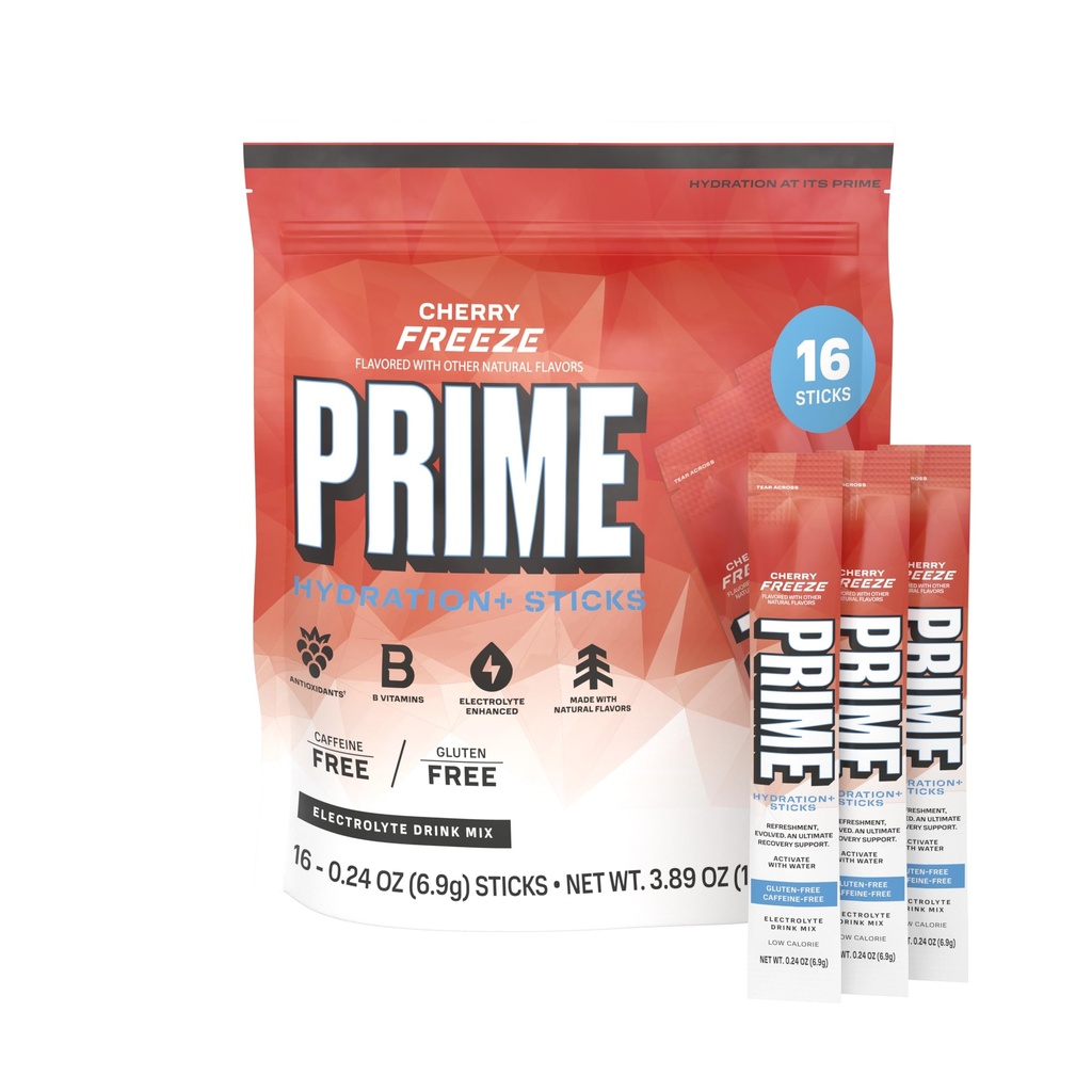 PRIME HYDRATION+ Sticks Gel de cerises Poudre d'hydratation Bâtons de service simples Poudre d'électrolyte sur le go.