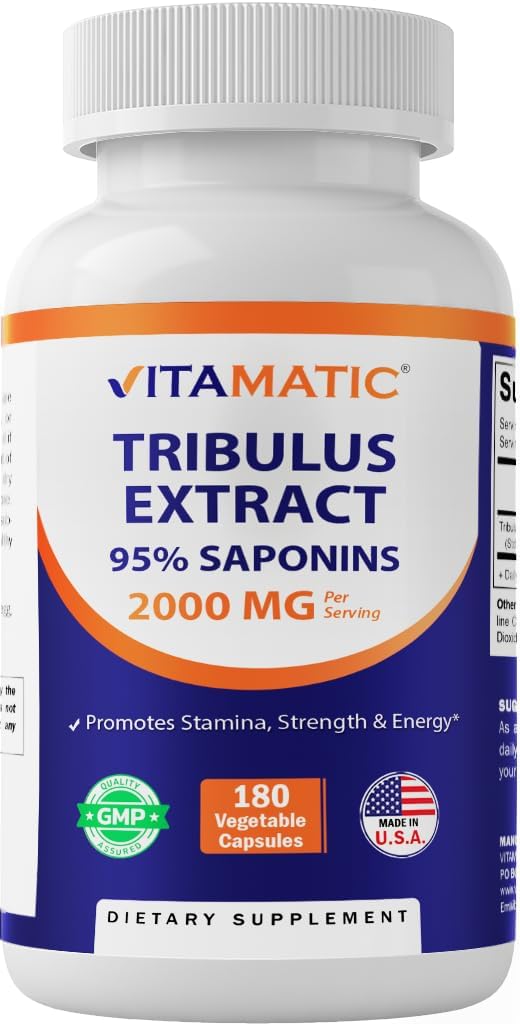 Tribulus végétal Terrestris pour hommes - 2000 mg par portion - 95% Saponines - 180 capsules végétales - Fabriqué aux États-Unis - Sans gluten et sans OGM