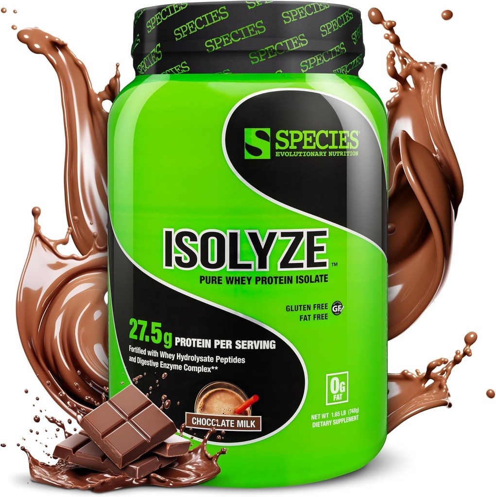 Espèce Nutrition Isolyze Poudre de protéines de lactosérum, 100 % d'isolat de lactosérum pour la musculation, 27,5 g de protéines par scoop, sans sucre et faible en gras (Lait de lactosérum, 22 portions)