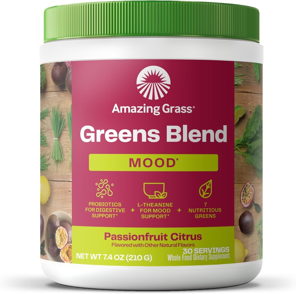 Amazing Grass Greens Blend Mood: Super Greens Powder Smoothie Mix pour l'humeur, la relaxation et le stress avec Spiruline biologique, Chlorella, poudre de racine de betterave, enzymes digestives et probiotiques, 30 portions