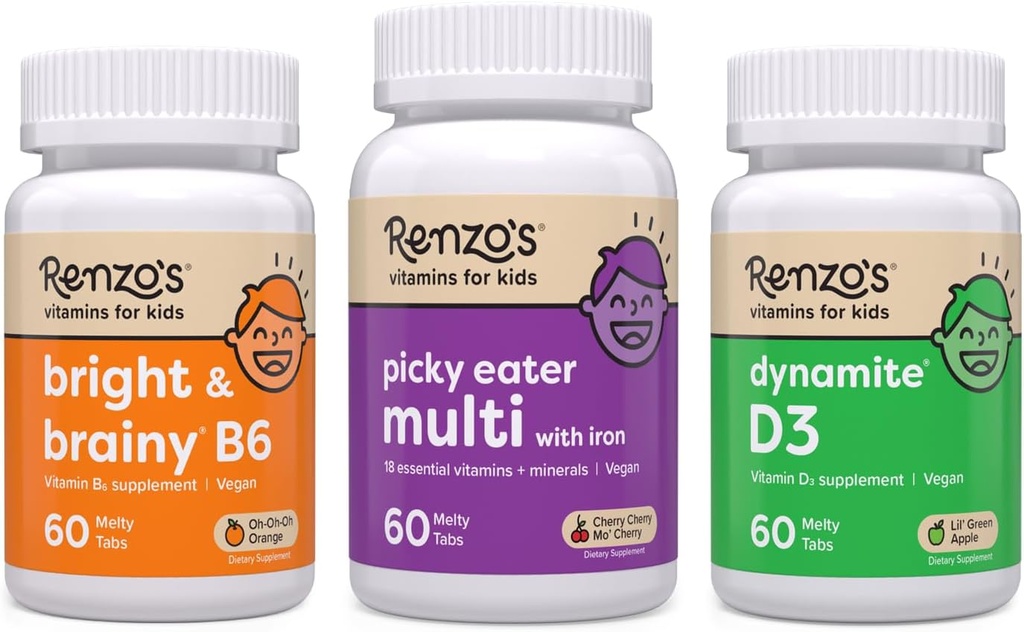 Vitamines de Renzo Bundle enfant adventueuse - Picky Eater Kids Multivitamine, Vitamine D3 pour les enfants, et Vitamine B6 vive et cérébrale