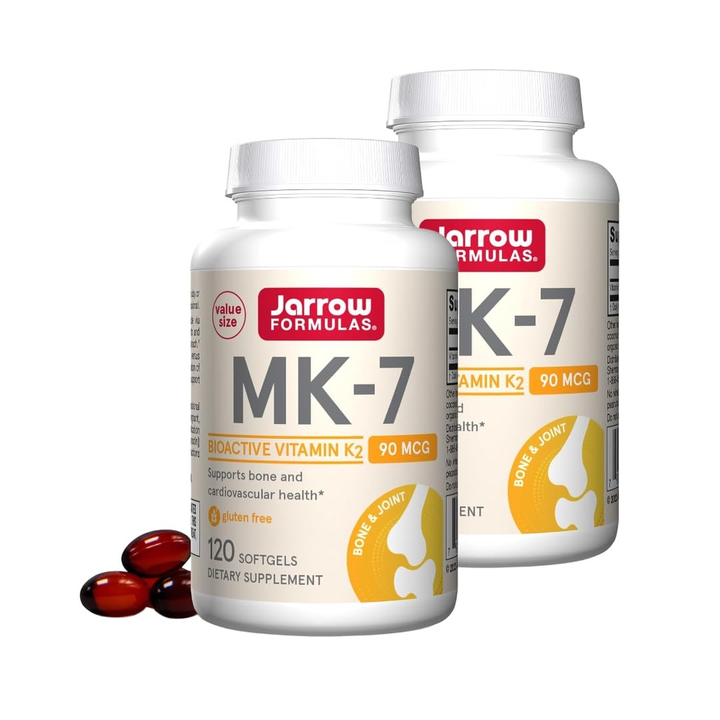Jarrow Formulas MK-7 90 mcg - Bioactive Form of Vitamin K2-120 Servings (Softgels) - for Bone & Cardiovascular Health - Vitamin K2 MK-7 Dietary Supplement - Gluten Free (Pack of 2)