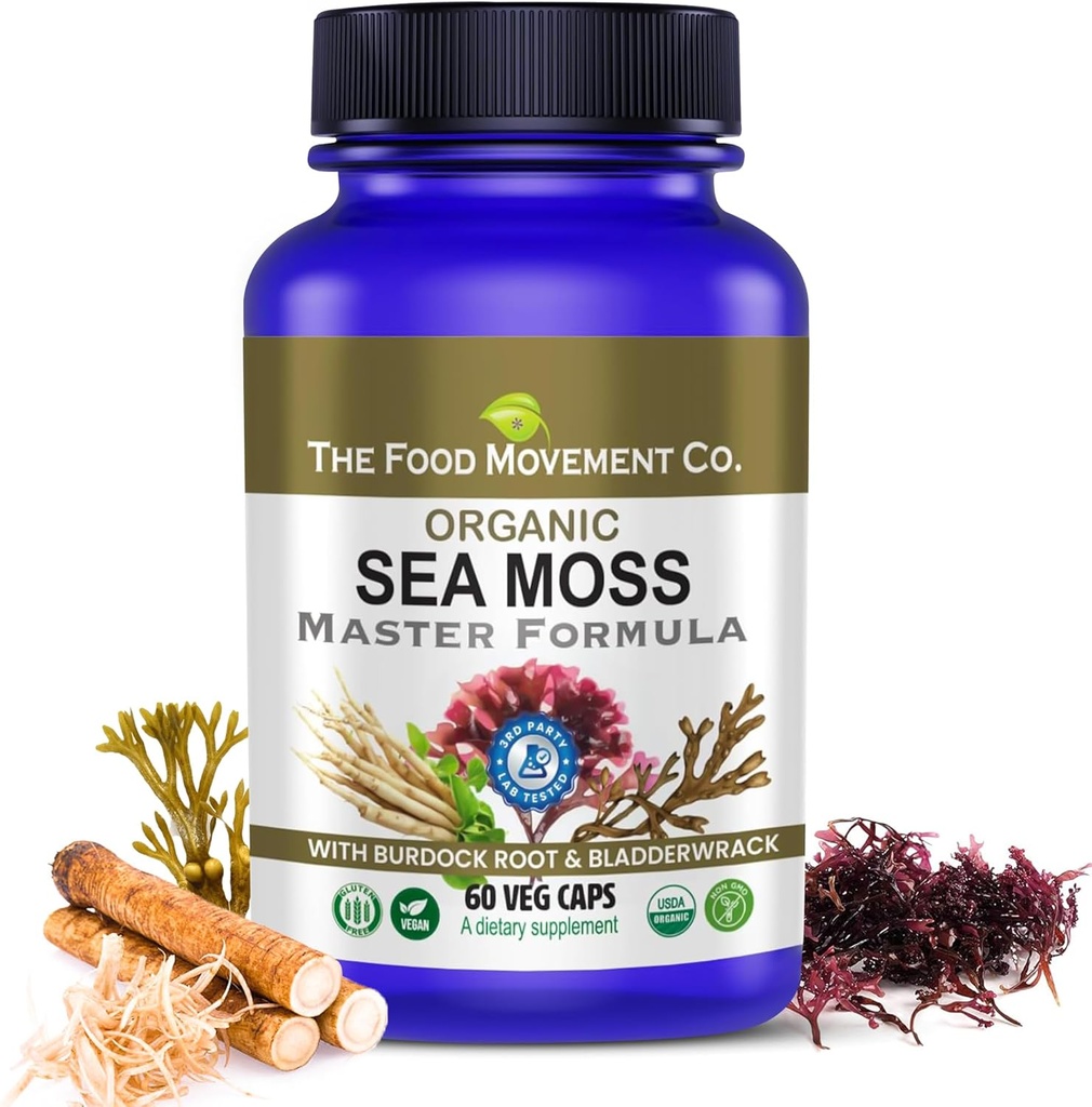 LE MOUVEMENT ALIMENTAIRE CO. Sea Moss Master Formula with Burdock Root & Bladderwrack for Gut Health (en anglais seulement) Complément végétalien biologique pour les femmes et les hommes (60)