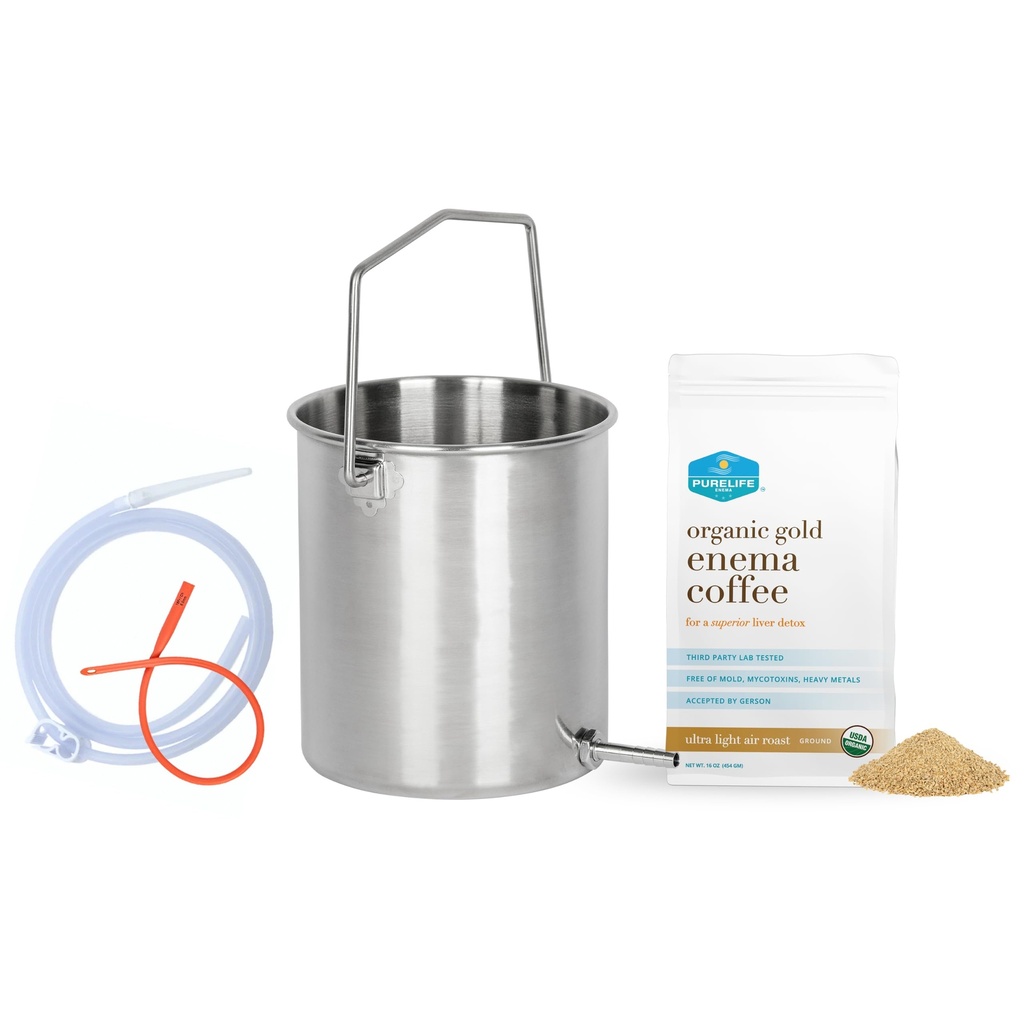 Purelife Coffee Enema Kit- 2 Qt Colon Cleanse Kit with Silicone Hose -1 Lb Purelife Organic Ultra Light Gold Air Roast Coffee - Third Party Lab Tested - Free of All Contaminants -Gerson Approved