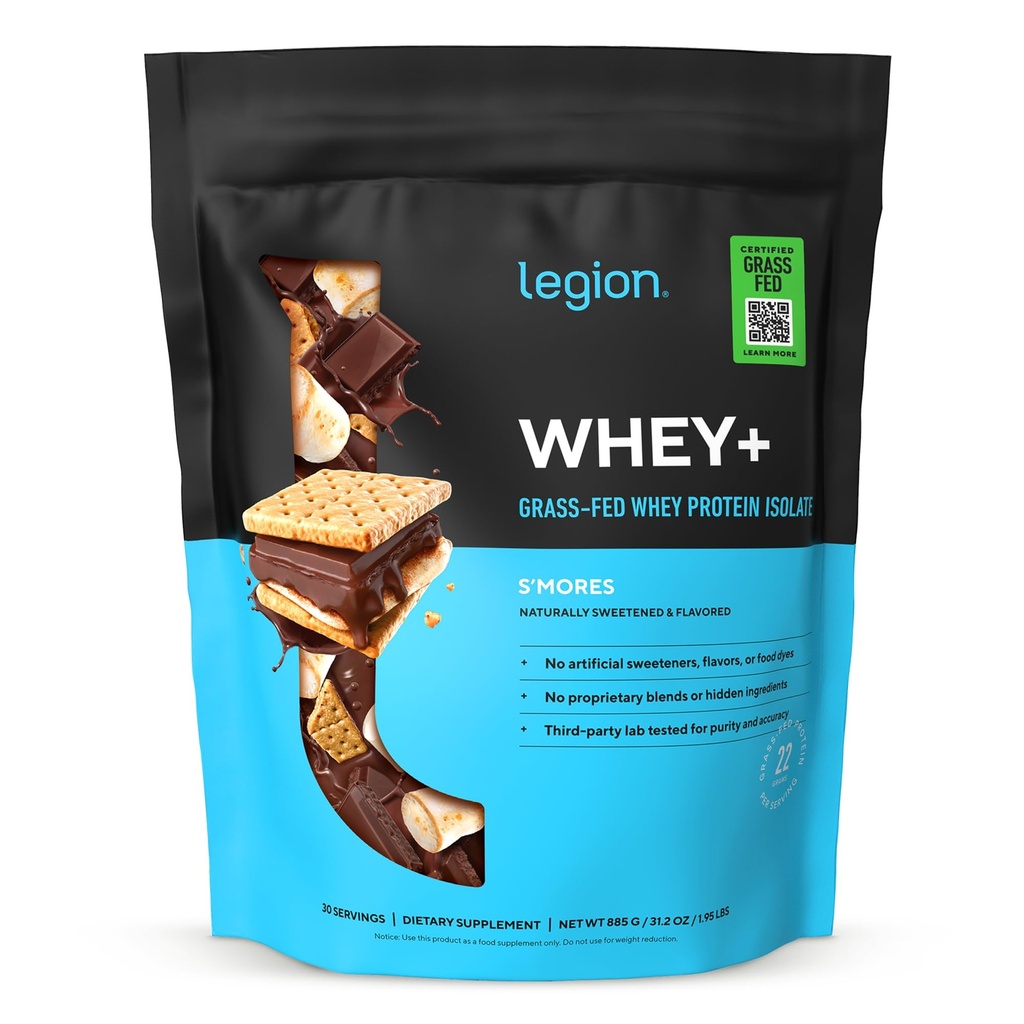 LEGION Whey+ Protein Whey Isolate from Grass Fed Cows (Smores, 30 Servings) - Whey Protein Isolate Low Calorie, Non-GMO, Sugar Free, Lactose and Gluten Free, All Natural Protein Powder for Men & Women