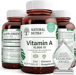 Vitamine Nutra naturelle A 10 000 UI de softgels – Vitamines oculaires et cutanées de haute puissance – Supplément de vitamine A sans gluten pour la vue et la santé de la peau – Huile de foie de poisson pour les hommes et les femmes, sans gluten, 250 softgels