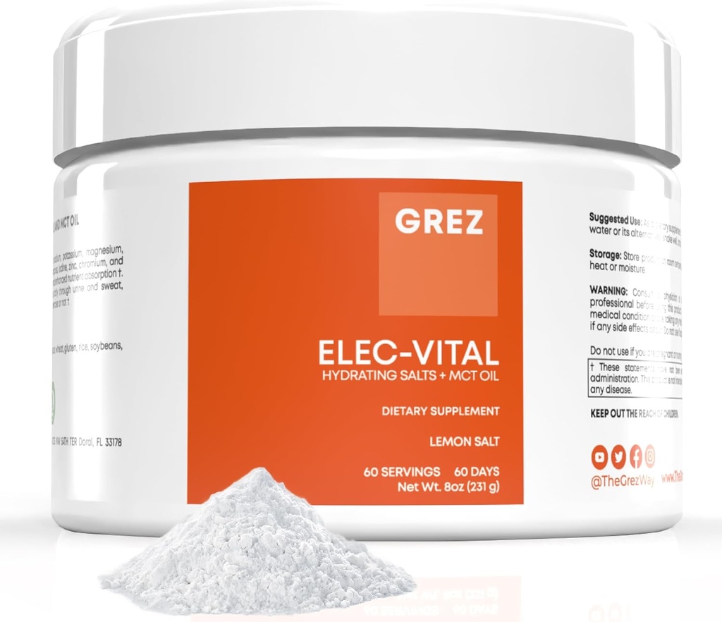 GREZ ELEC-Vital Electrolytes Powder No Sugar - Hydration Powder, Keto Electrolytes No Sugar - Complete Mineral Support, Sodium, Potassium, Magnesium, Zinc - 60 Servings