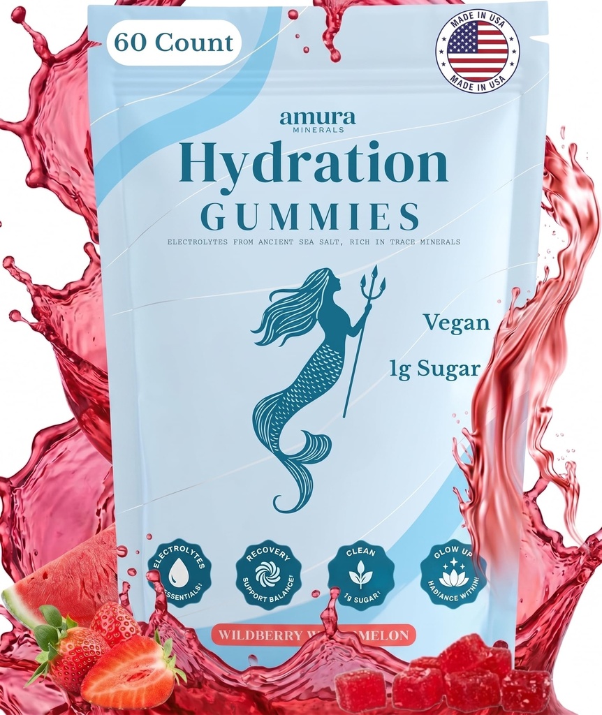 Electrolyte Gummies for Hydration | Convenient On-The-Go Hydration Gummies for Dehydration, 325mg Ancient Sea Salt, Berry Watermelon Electrolyte Chews, Magnesium Glycinate | Vegan, Low Sugar, 60 Count