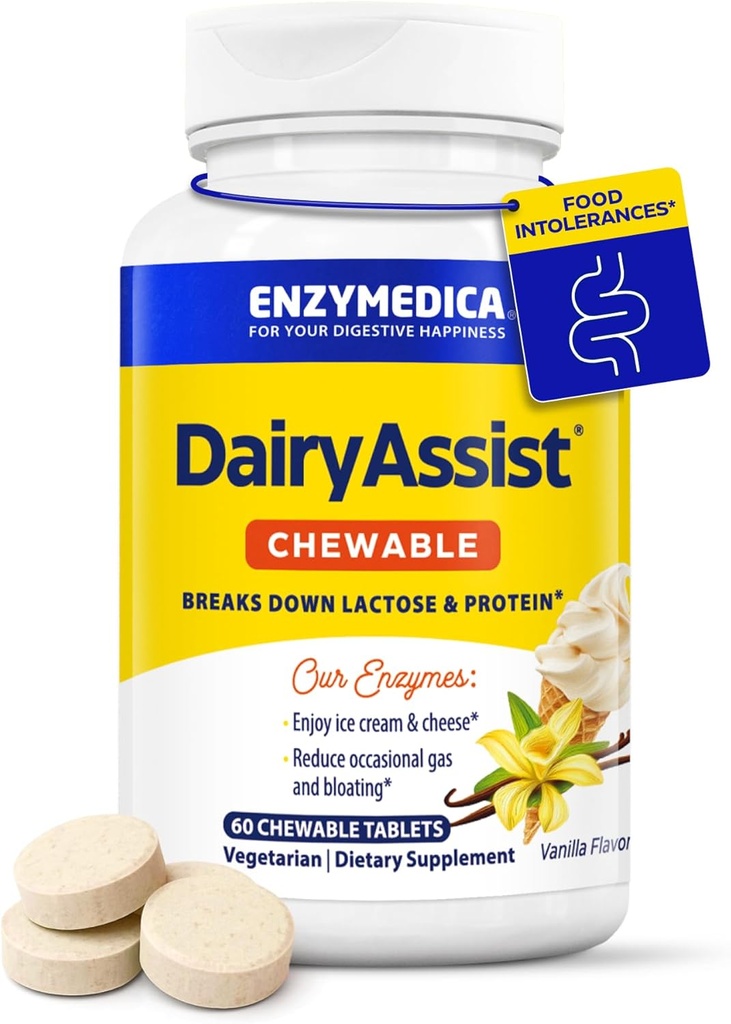 Enzymedica DairyAssist Chewable, 2-en-1 Enzymes digestifs pour la digestion laitière, la lactose et caséine, formule à action rapide pour le gaz et le dégel, 60 comprimés à ingérer