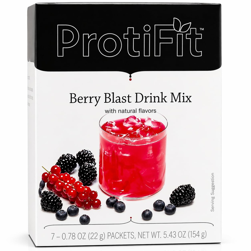 ProtiFit - Mélange de poudre de fruits à haute teneur en protéines, 15g de protéines, faible teneur en calories, sans sucre, compatible avec les protéines idéales, 7 portions par boîte (Berry Blast)