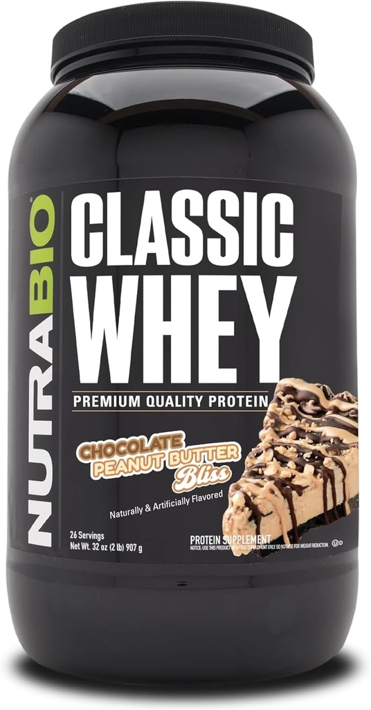 NutraBio Classic Whey Protein Powder- Profile d'acide amino à spectrum complet - Pas de remplissage, Couleurs artificielles, Préservatifs - Faible indice glycémique - (Beurre d'arachide chocolaté, 2 livres)