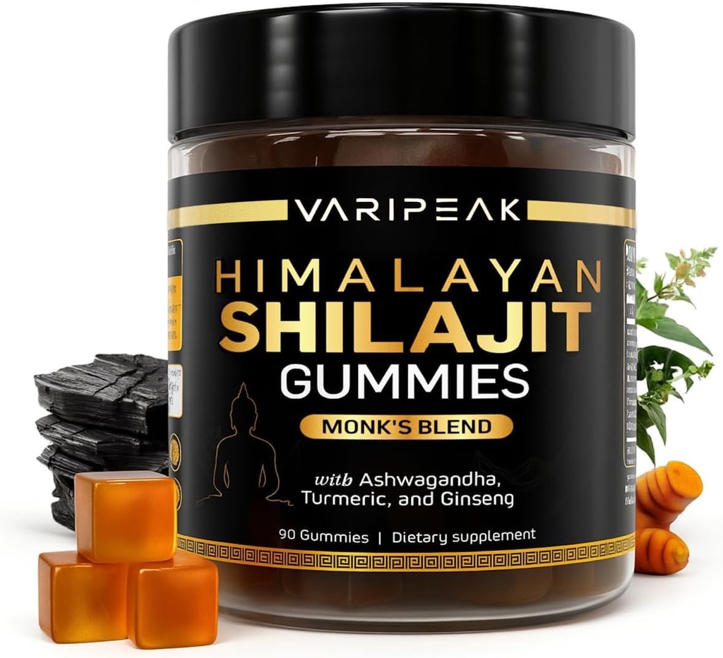 4-en-1 Organic Himalayan Shilajit Gummies avec Ashwagandha, Turmeric, & Ginseng Adaptogen pour l'énergie, l'immunité et le soutien de la vitalité , biologique, végétalien, sans sucre , 90 comte , pour les hommes et les femmes
