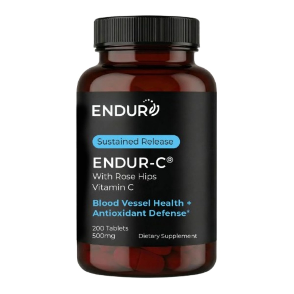 Endur ENDUR-C Vitamine C avec HIPS Rose, supporte la production de collagène, la protection antioxydante et la digestion douce, sans gluten, 500mg (200 comprimés)