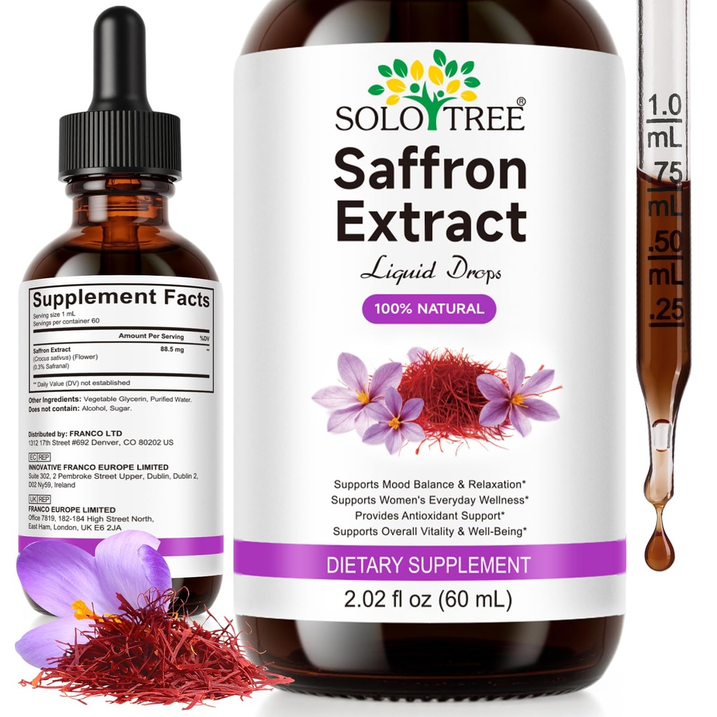 Pure Saffron Supplement Support-Saffron Extract Liquid Drops,Mood, Focus & Eye Support - Saffron Supplements Drops for Daily Supplement - Vegan & Alcohol-2 oz