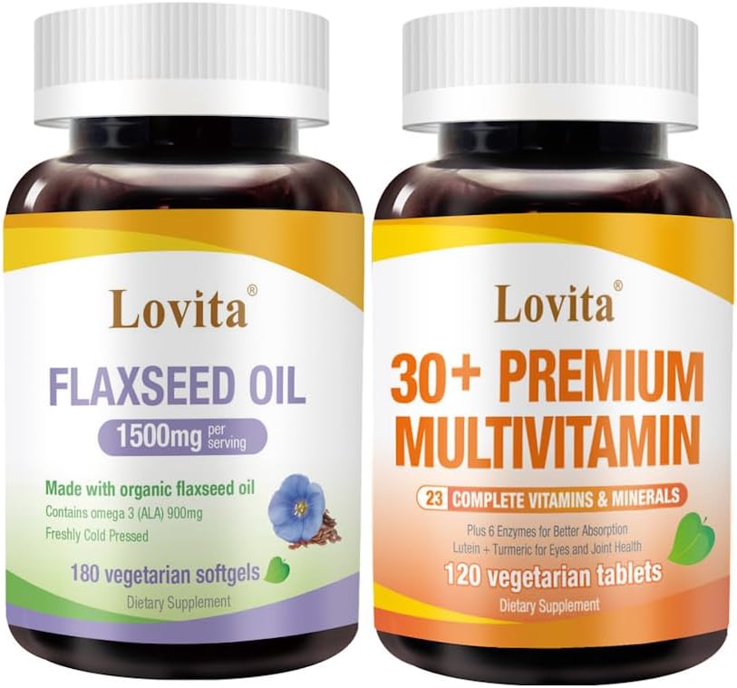 Lovita Huile de lin pressée à froid et multivitamine premium pour adultes 30+ Ensemble d'éléments nutritifs (végétarien)