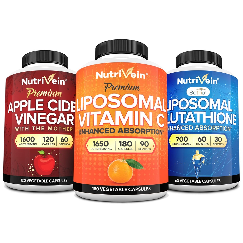 Nutrivein Premium Glutathion liposomique, Capsules de vinaigre de cidre de pomme et supplément de vitamine C: Vitamine C, Capsules de vinaigre de cidre et supplément de glutathion pour la défense cellulaire et la désintoxication