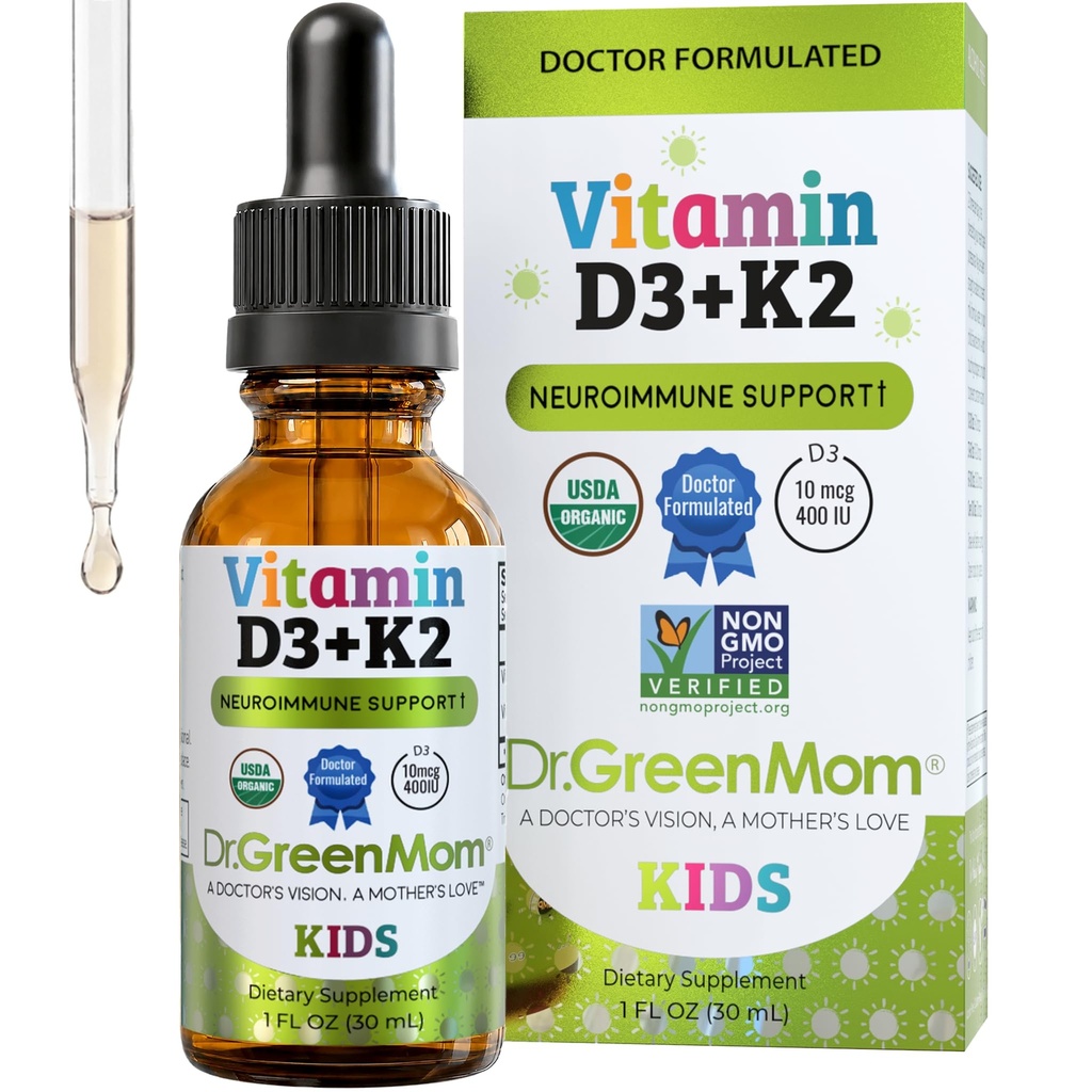 Dr. Green Mom Liquid Vitamin D 3 K2 Drops — Babies & Kids — Organic, 400 IU | in MCT Oil, Organic, Unflavored — 1 Drop a Day For Bone & Immune Support — 1 Fl Oz, 1180 Servings — Sugar Free, Non-GMO