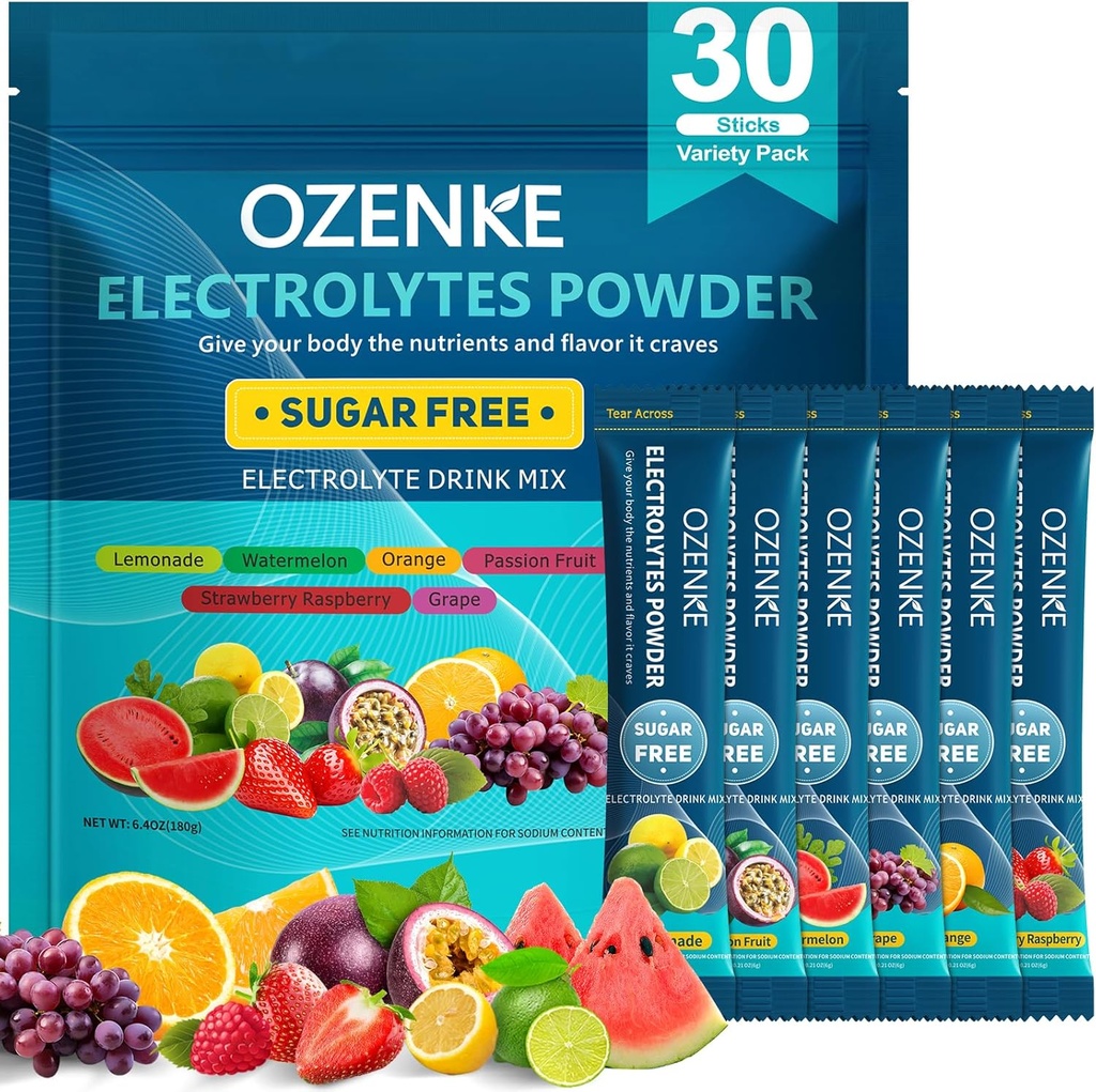 Electrolytes Packets en poudre, 30 bâtons Packs d'hydratation Sans sucre, Mélange de boissons électrolytes Voyage Packets d'électrolyte pour l'hydratation rapide, 6 saveurs